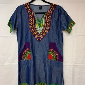 Marine dress SZ M blue shift multi color trim unique hippie bohemian causal